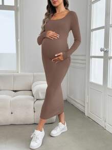 SHEIN 孕妇绿色长袖紧身连衣裙，适合秋冬季婴儿洗礼的孕妇连衣裙 - 卡其色 - 查看 4