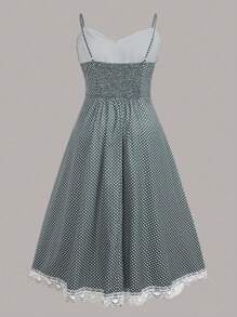 Flirla 大码女式优雅休闲绿色圆点蕾丝边度假连衣裙 - 綠色 - 查看 2