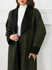 Al Najma Women's Dark Green Open Front Patchwork Jacquard Robe, Stylish And Elegant
