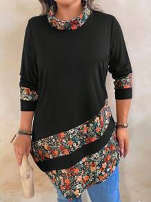 Plus Size Women's Casual Loose Asymmetrical Hem Printed Turtleneck Long Sleeve T-Shirt,Black Autumn Boho Everyday Graphic Tees Tops For Spring Fall - Multicolor - View 3