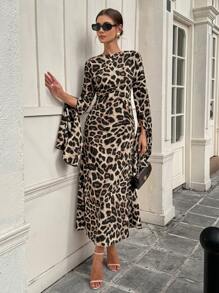 Chiquease 豹纹荷叶边袖开叉连衣裙，优雅派对长款女装