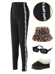 SHEIN Explorewe Tween Girls And Versatile Letter Band Leggings, Perfect For Casual Wear, In Spring And Fall And Winter,Black Leggings