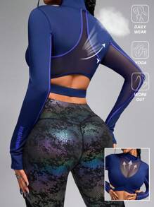 Innovista Damen Skinny Fit rückenfreies Push-up & atmungsaktives Mesh-Ausschnitt Sport Langarm T-Shirt, Basic T-Shirt, Workout Tops Crop Tops, Party, Gym & Alltag Lässig, Festival, Ausgehen, Sportbekleidung, sexy Langarm Oberteil, leichtes Blau - marineblau - Übersicht 2