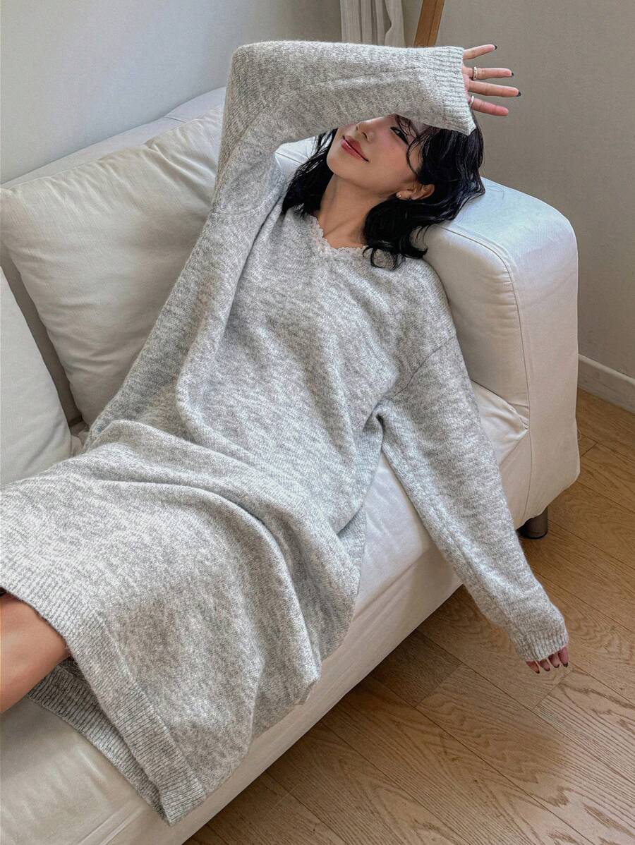 DAZY Women's Casual Contrast Lace Trim Sweater Dress, For Autumn/Winter,Fall Women Clothes