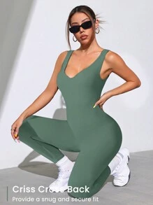 Easithlete Women Solid Color Round Neck Daily Fitness Camisole And Jumpsuit - Mist Green - View 4
