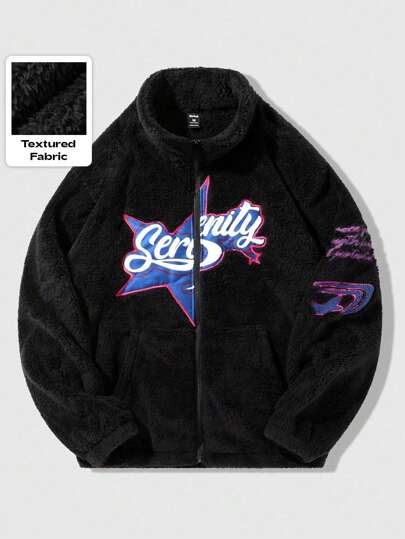 Prep Giacca in pile con chiusura lampo, manica a goccia, modello casual con stampa a lettere e stelle, adatta per autunno/inverno, da uomo