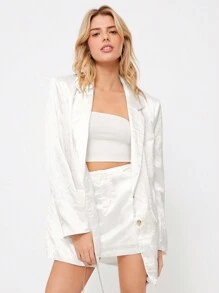 SHEIN EZwear بذلة سهرة نسائية فضفاضة كاجوال، بسترة بدنية لامعة وبنطال ذو ساق واسعة، باللون الأسود - أبيض - مشاهدة 5