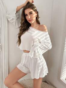 Women Solid Color Loose Slouchy Casual Pajama Set Lounge Set, Fall Clothes - White - View 3