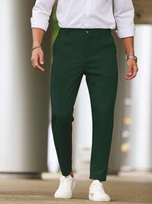 Manfinity Mode Calça Casual Masculina de Cor Sólida e Cintura Ajustada, Outono - Verde Escuro - Visão 4
