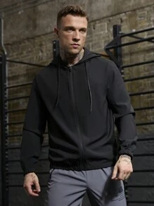 Manfinity Sport Corelite Boyfriend Style Heren Casual Effen Kleur Trekkoord Capuchon Sportjack, Actieve Kleding Lange Mouw Volledige Ritssluiting Sportjack