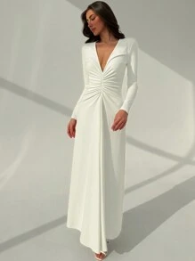 Aloruh 女士现代白色深 V 领长袖褶皱连衣裙 - 白色 - 查看 1