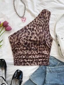 Soleia Sexy Casual Ruched One Shoulder Leopard Print Blouse - Multicolor - View 3