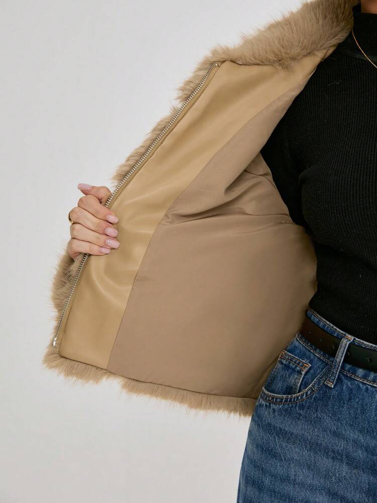 Casaco de Pele Sintética Sólida da Moda, Outono/Inverno