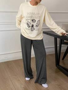 DAZY Fruit Pattern Decor Loose T-Shirt And Soft Brushed Knit Pajama Pants Set