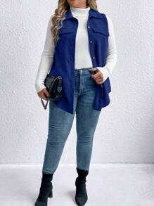 SHEIN LUNE Jaket Kasual Tanpa Lengan Kancing Tunggal Warna Polos Ukuran Plus untuk Wanita Musim Gugur - Royal Blue - View 3