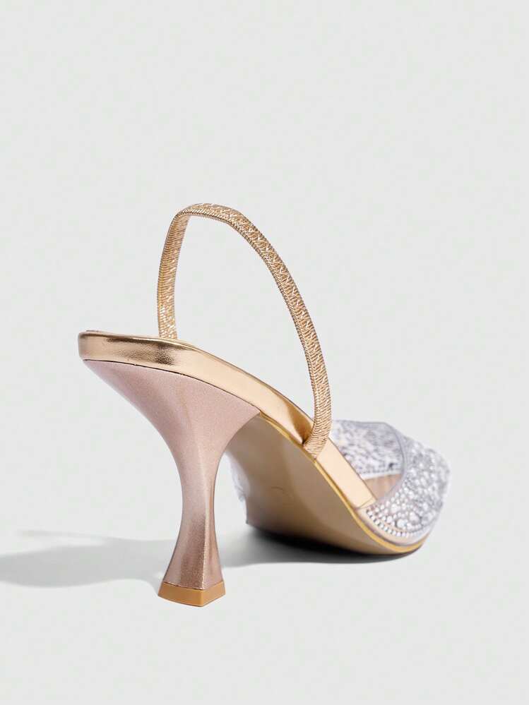 CUCCOO SZL Fashionable Champagne Rhinestone Decorated Strap High Heel Pumps For Party Wedding Events Spring Shoes Spring Break Easter Prom Heels For Christmas Spring Shoes - Champagne - View 7