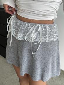 Flirla Plus Size Effen Kleur Schattig Casual School Stijl Veelzijdig Los Elastische Taille Patchwork Kant Inzet Strik Accent A-Lijn Rok, Lente/Herfst