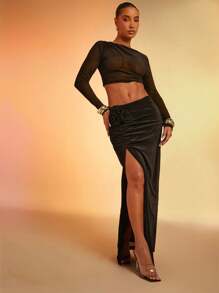 Hauture Holiday Party Velvet Rosette Maxi Skirt With Slit, Winter Clothes Women