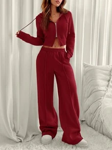 SHEIN EZwear 2 件套休闲纯色抽绳连帽运动衫和运动裤，秋冬 - 酒紅色 - 查看 5