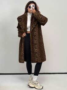 Muchica Women's Leopard Print Casual Versatile Long Sleeve Fluffy Jacket - Coffee Brown - View 3