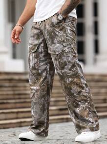 Manfinity LEGND Men's Branch Printed Drawstring Pocket Casual Cargo Pants, Versatile - Army Green - View 4