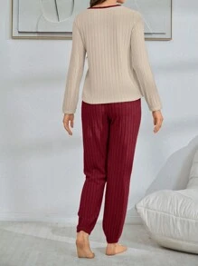 2pcs Plush Embroidered Heart Print Lounge Set, Autumn/Winter, Fall Clothes  Cozy And Elegant Details - Burgundy - View 2