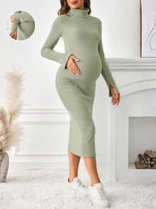SHEIN Maternity High Neck Fitted Over-The-Knee Rib Knit Casual Dress, Autumn/Winter