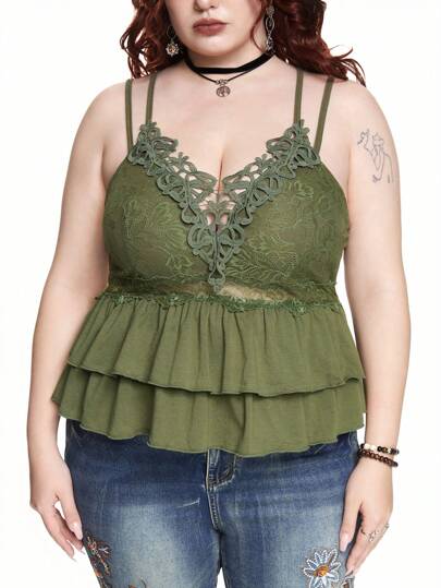 Fairycore Plus Size Fairy Autumn/Winter Lace Trim V-Neck Top & Camisole Set, Green For Summer