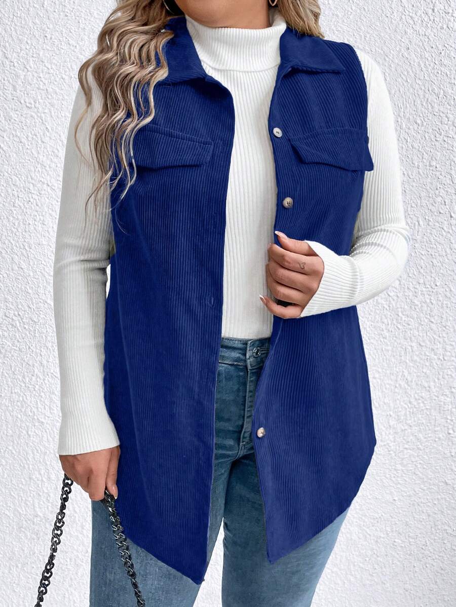 SHEIN LUNE Jaket Kasual Tanpa Lengan Kancing Tunggal Warna Polos Ukuran Plus untuk Wanita Musim Gugur - Royal Blue - View 1