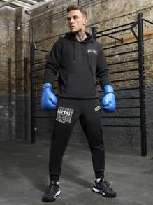 Manfinity Sport Corelite Freund-Stil Herren Pullover mit Kapuze und Schnürung, Langarm, Buchstaben-Muster, und Jogginghose, Sportanzug