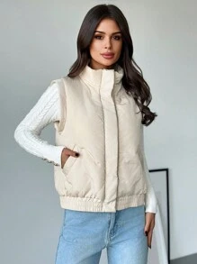 Firerie Áo vest cổ đứng có khóa kéo ấm áp thường ngày dành cho nữ, mùa thu/đông - Màu be - Xem 5