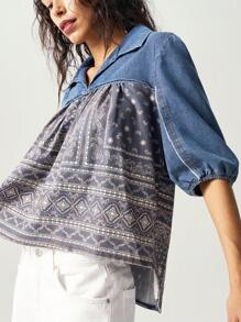 Bohemela Chemise femme en denim tissé ample avec col à revers et manches courtes