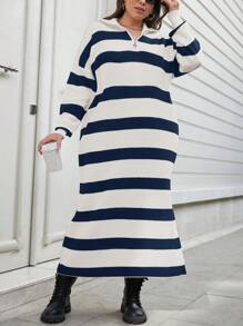 EURMUSE Plus Size Women's Autumn Striped Drop Shoulder Long Sleeve Zip Half-Placket Long Sweater Dress - Navy Blue - View 5