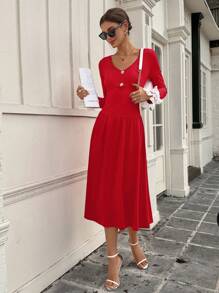SHEIN Unity Vestido elegante de manga larga con cuello en V, de estilo de parche de encaje floral en forma de línea A, para la primavera/otoño como atuendo de Año Nuevo para mujeres, vestido largo - Rojo - Ver 5