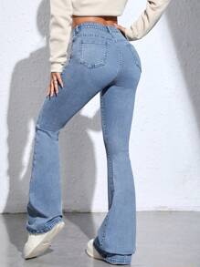 SHEIN ICON Women's Pocketed Flare Leg Casual Versatile Denim Jeans - Blue and White - View 2