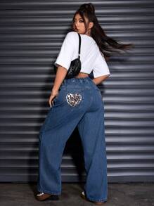 SHEIN ICON Plus Size Leopard Print Heart Patch Wide-Leg Jeans