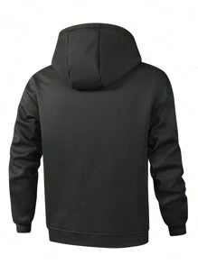 Manfinity Homme Men's Long Sleeve Letter Pattern Zip Up Thermal Lined Hooded Jacket, Autumn/Winter - Black - View 2