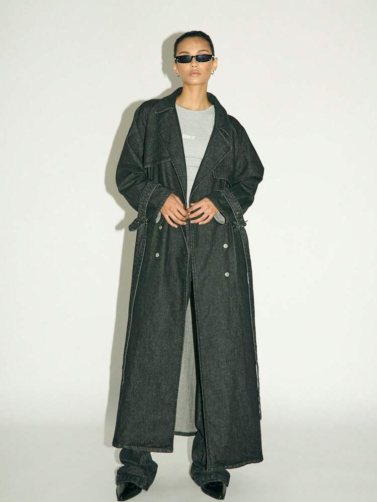 AiiRZ Conjunto de dos piezas con abrigo de gabardina de mezclilla extra largo y jeans cargo de tiro alto - Colección de atuendos de estilo callejero grunge de doble botonadura con cinturón para otoño e invierno Y2K