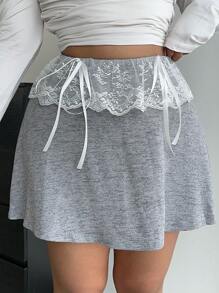Flirla Plus Size Effen Kleur Schattig Casual School Stijl Veelzijdig Los Elastische Taille Patchwork Kant Inzet Strik Accent A-Lijn Rok, Lente/Herfst