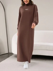 Mulvari Women's High Neck Contrast Color Trim Pocket Front Geometric Print Long Sweatshirt Dress