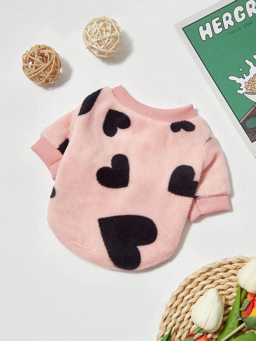 PETSIN 1 Pc Pet Puppy & Kitty Pink Flannel Heart Print Warm Crew Neck