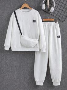 3pcs/Set Tween Boy Casual Letter Print Texture Fabric Pullover Hoodies, Sweatpants And Pouch Bag Set, Suitable For Autumn/Winter - White - View 1