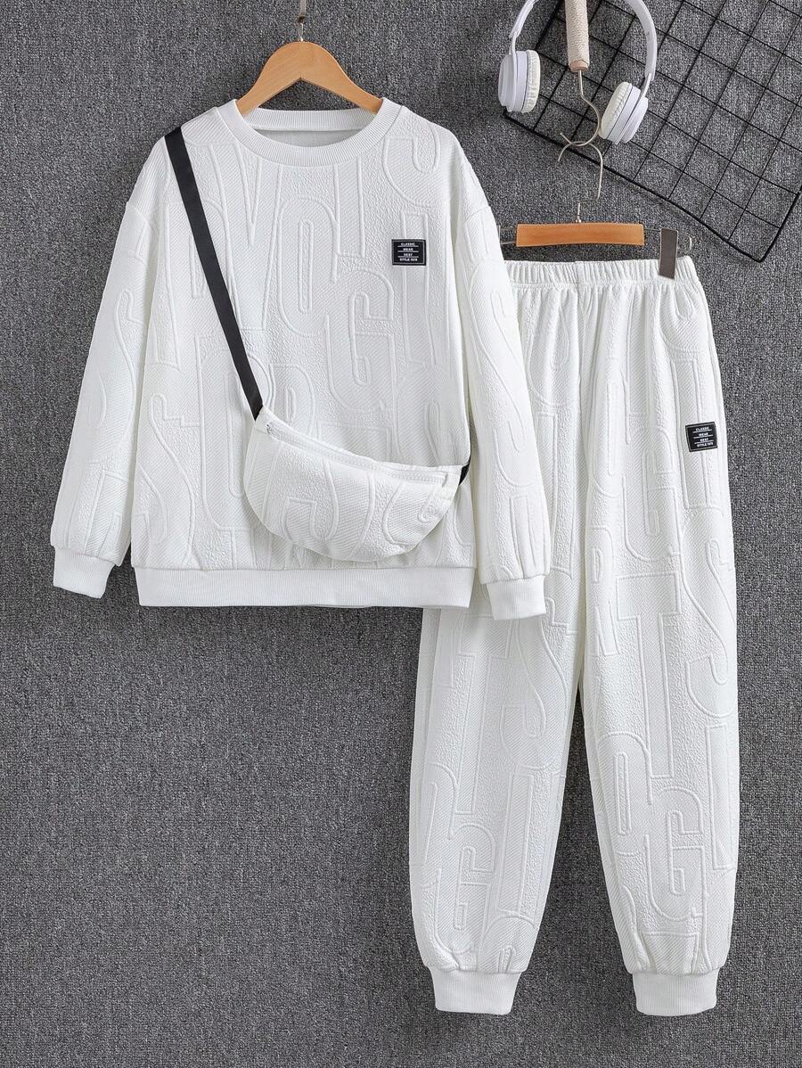 3pcs/Set Tween Boy Casual Letter Print Texture Fabric Pullover Hoodies, Sweatpants And Pouch Bag Set, Suitable For Autumn/Winter - White - View 1