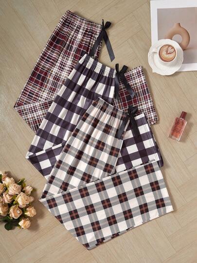 3 Pairs Casual Checkered Printed Pants, Minimalist Style, Suitable For Everyday Wear, Fall Clothes