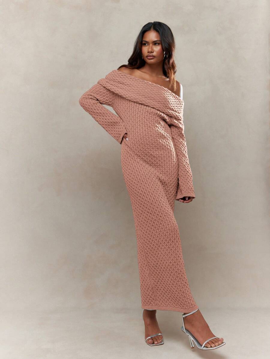 MISSGUIDED Vestido maxi de punto con hombros descubiertos, patrón de cable, mangas largas acampanadas, para invierno, otoño, fiestas, de noche, elegante y ceñido al Body hasta el suelo - Rosa - Ver 1
