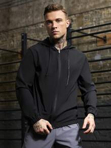 Manfinity Sport Corelite Boyfriend Style Heren Casual Effen Kleur Trekkoord Capuchon Sportjack, Actieve Kleding Lange Mouw Volledige Ritssluiting Sportjack