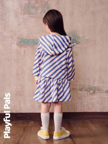 SHEIN 2 Pcs Young Girls Sets Colorful Striped Lion Embroidery Hooded Sweatshirt & Skirt Suits Cute/Retro/Casual/Outing Autumn/Winter/Spring Suitable For School And Outings