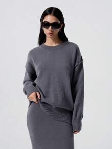 SHEIN EZwear Casual Split Back Drop Shoulder Pullover Sweater + Long Knit Skirt Set - Dark Grey - View 5