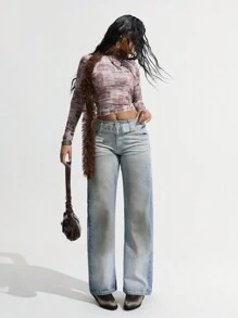 SHEIN ICON Women's Simplicity Front Button Pocket With Belt Casual Denim Jeans, For Daily Wear Grunge Washed Distressed - Light Wash - View 2