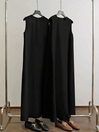 Al Najma ชุดกระโปรงแบบหลวมแขนกุด คอกลม สีพื้น แบบอาหรับสำหรับผู้หญิง